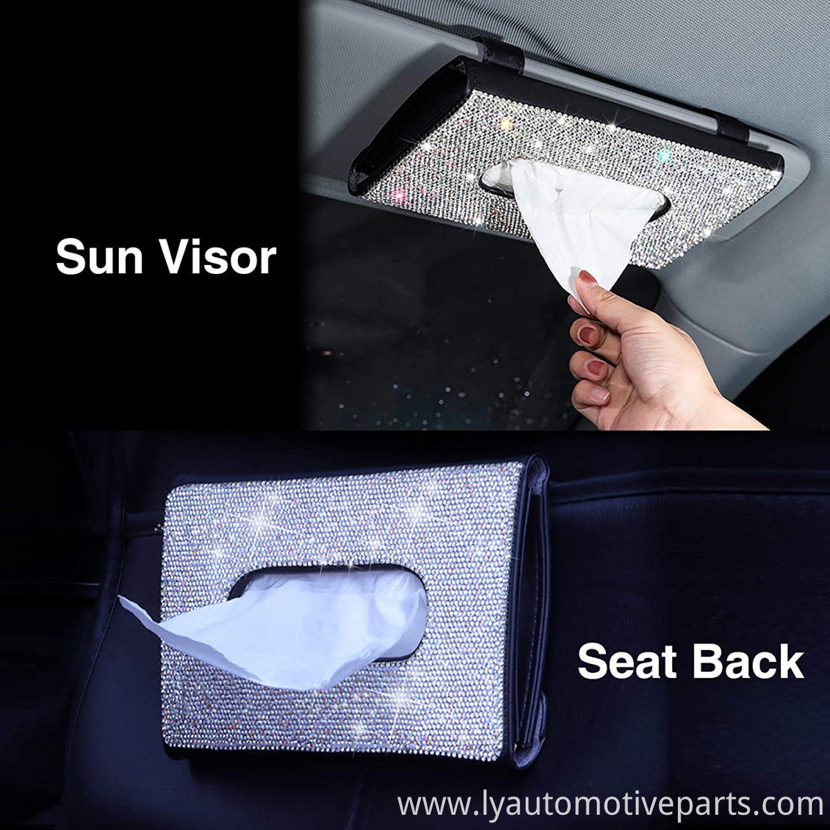 Bling Bling Car Sun Visor Tissue Box Holder Crystal Sparkling Napkin Holder PU Leather Backseat Tissue Case Car Accessories